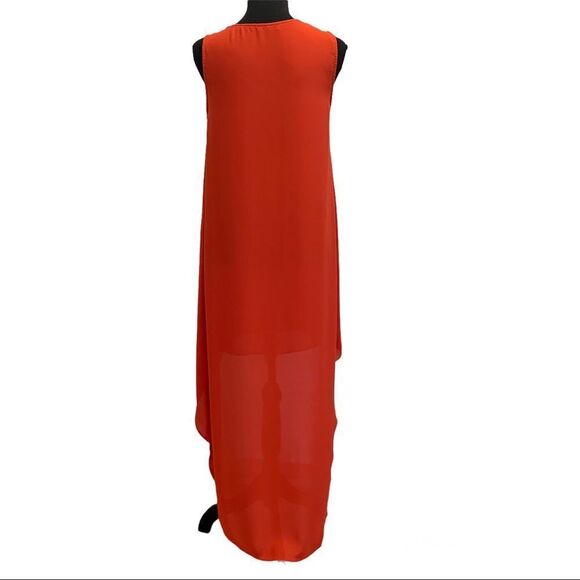 CAROLINA Belle red sleeveless flowy ruffle frill front midi dress Sz S - Picture 5 of 10